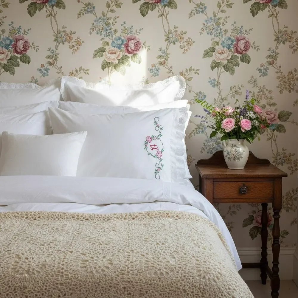Vintage Embroidered Monogram B Pillowcase-Lace Edge-Cottagecore-Standard White